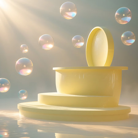 An open yellow container sits on a tiered pedestal surrounded by floating iridescent bubbles and soft clouds, bathed in warm sunlight.の素材
