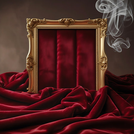 An ornate gold frame rests on draped red velvet fabric, with wisps of smoke adding a dramatic touch.の素材