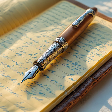 An ornate wooden fountain pen with silver accents rests on an open journal filled with handwritten cursive script, bathed in soft sunlight.の素材