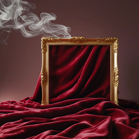 An ornate gold frame rests on luxurious red velvet fabric, with delicate wisps of smoke rising above it.の素材