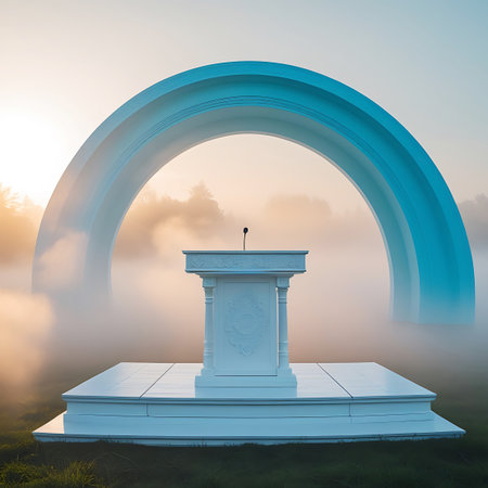 A white podium with a microphone stands on a stage under a large blue archway, enveloped in fog at sunrise.の素材