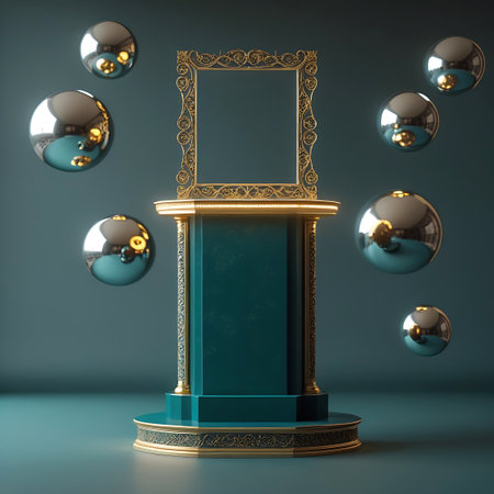 An ornate gold frame sits atop a teal pedestal surrounded by floating reflective silver spheres in a studio setting.の素材