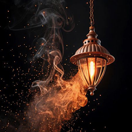 An ornate hanging lantern emits a warm glow amidst swirling smoke and glowing sparks against a dark background.の素材