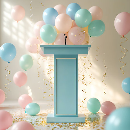 Decorating showing pastel balloons and confetti decorating a podium. High resolution image suitable for commercial use.の素材