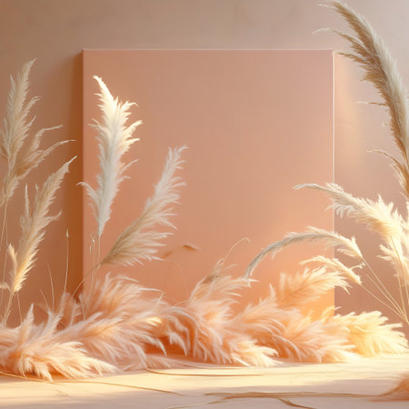 Softly lit pampas grass surrounds a peach square display on a wooden surface, creating a warm and elegant aesthetic.の素材