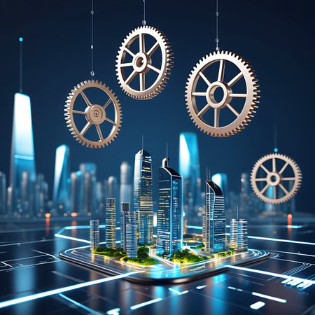 A city skyline with skyscrapers and a digital grid, accented by golden gears and glowing blue pathways.の素材