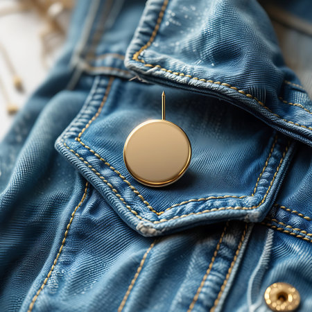 Enamel showing gold pin with needle on blue denim jacket pocket. High resolution image suitable for commercial use.の素材
