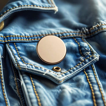 Enamel showing gold pin on blue denim jacket pocket. High resolution image suitable for commercial use.の素材