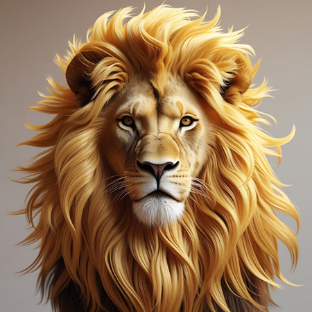 Proud showing front facing lion with a large, flowing golden mane keywords: lion, king, mane, golden, front view, head, majestic, powerful, wild, animal, predator, feline, big cat, mammal, safari,...の素材