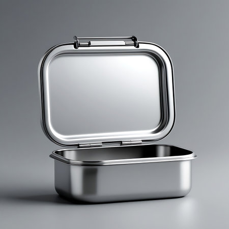 An open stainless steel lunch box with rounded edges sits on a gray surface, its lid hinged upwards.の素材