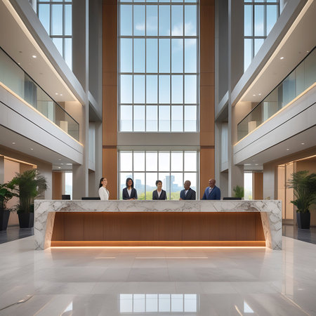Five people stand behind a large marble and wood reception desk in a bright, modern atrium with tall windows and lush plants.の素材