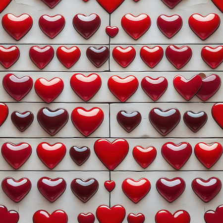 Numerous red heart shapes are arranged in neat rows on a white, textured background. Clear details and vibrant colors enhance visual appeal.の素材