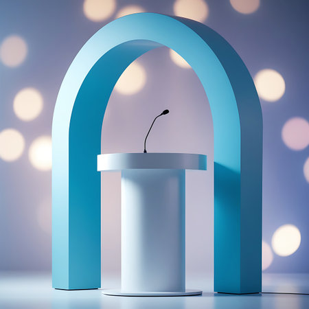 A white podium with a microphone stands under a blue arch, set against a soft bokeh background of blurred lights.の素材