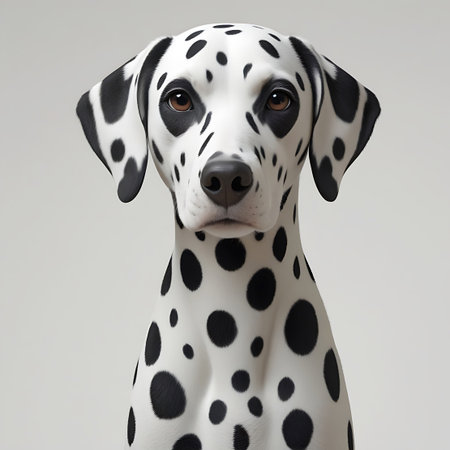 A close-up portrait of a Dalmatian dog with distinctive black spots on its white fur, looking directly at the camera with alert eyes.の素材