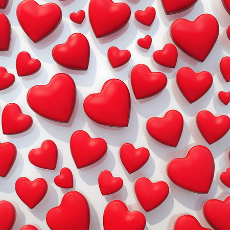 Hearts showing seamless pattern of red hearts on white background keywords: red hearts, heart shape, seamless pattern, love, romance, valentine, celebration, symbol, emotion, affection,...の素材