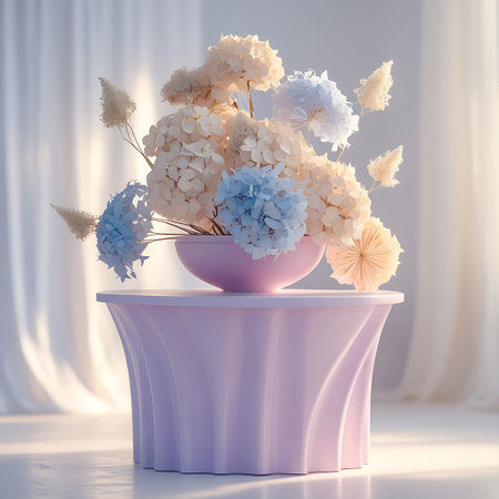 A soft pastel arrangement of hydrangeas in a pink bowl sits atop a ruffled lilac table, with diffused light and a curtained background creating a serene atmosphere.の素材