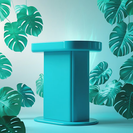A teal pedestal is centrally placed in a softly lit studio, with numerous green monstera leaves artfully arranged around it, creating a serene display.の素材