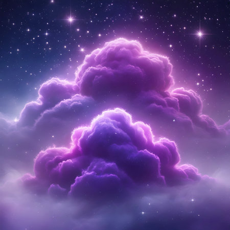 A vibrant and luminous display of purple clouds glows brightly against a starry night sky. Clear details and vibrant colors enhance visual appeal.の素材