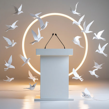 Photo showing white doves flying around a podium with a neon ring. High resolution image suitable for commercial use.の素材