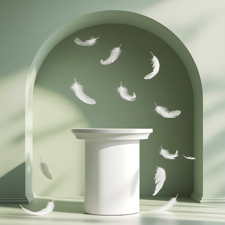 A collection of white feathers gently descends around a cylindrical pedestal within a pale green arched recess, evoking a sense of calm.の素材