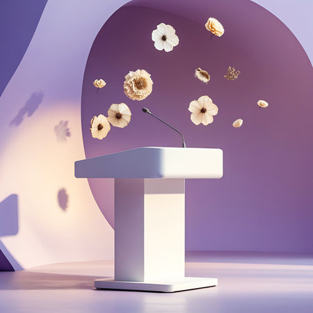 A white podium with a microphone stands on a stage. Delicate white and cream flowers float around it in a soft purple room with curved walls and dappled light.の素材
