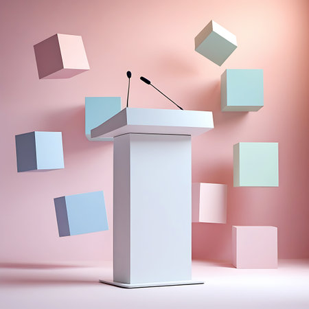 A white podium with two microphones stands centered, surrounded by pastel colored cubes floating in the air.の素材