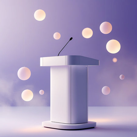 A white podium with a microphone is centered, with glowing orbs floating in a soft purple haze and mist.の素材