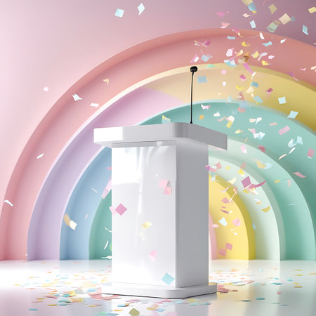 A white podium with a microphone stands before a pastel rainbow arch, with colorful confetti scattered and falling.の素材