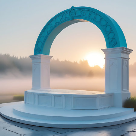 A white wedding arch with a blue decorative top stands on a platform in a misty landscape at sunrise.の素材