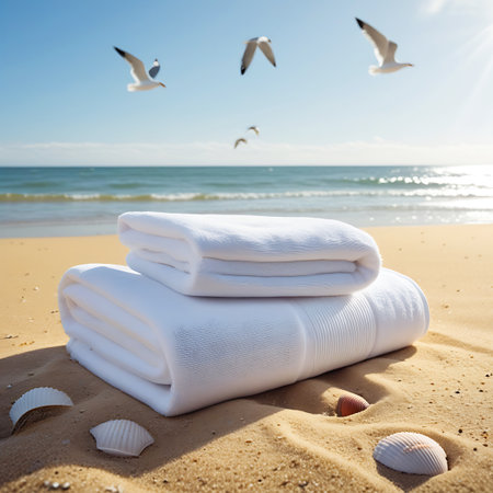 Coastal showing white beach towels with seashells and seagulls flying overhead keywords: beach, towel, white, clean, fresh, soft, cotton, folded, stacked, sand, seashells, ocean, sea, water,...の素材