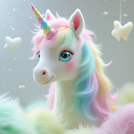A whimsical pastel unicorn with a rainbow mane and horn, set amidst soft, fluffy elements and decorated with small hanging stars.の素材