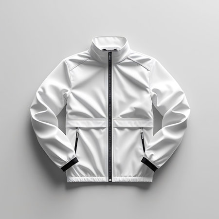 A white sport jacket with a zipper, zippered pockets, and black trim on the collar and cuffs is presented flat on a white background.の素材