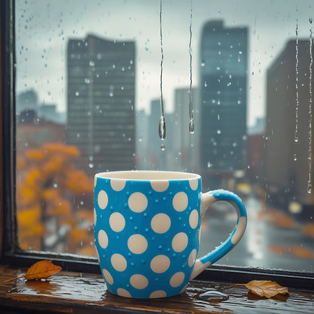 Polka showing blue polka dot mug on rainy window sill with city view. High resolution image suitable for commercial use.の素材