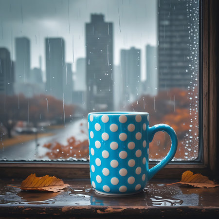 Polka showing blue polka dot mug on rainy window sill with city view. High resolution image suitable for commercial use.の素材