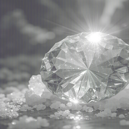 A brilliant diamond gemstone sits on crushed ice, emitting intense light rays and sparkling with dazzling reflections.の素材