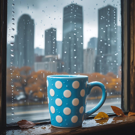 Polka showing blue polka dot mug on rainy window sill with city view. High resolution image suitable for commercial use.の素材