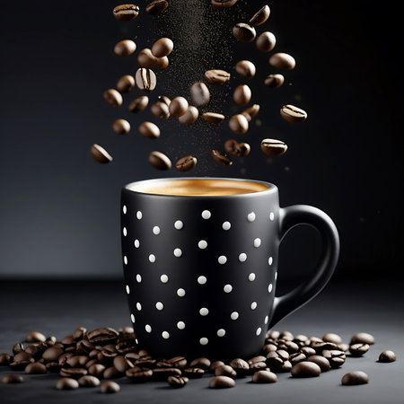 Coffee beans are shown pouring into a black polka dot mug filled with hot coffee, with more beans scattered around.の素材