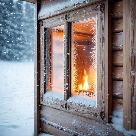 A close-up of a frosted log cabin window with icicles, showing warm firelight glowing from within during a snowy winter.の素材