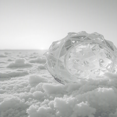 A faceted crystal orb rests on a textured white surface with a bright, hazy sky in the background. Clear details and vibrant colors enhance visual appeal.の素材