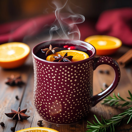 A close-up of a polka dot mug filled with steaming mulled wine, garnished with orange slices and spices, on a wooden surface.の素材