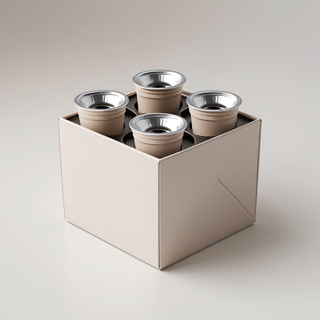 A beige cube-shaped box containing four silver and beige coffee pods arranged in a square formation on a neutral background.の素材