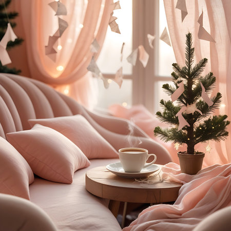 Home showing cozy christmas scene with mini tree and hot drink on pink sofa keywords: christmas, tree, mini, small, decorated, ornaments, ribbons, lights, sofa, couch, pink, cushions, pillows,...の素材