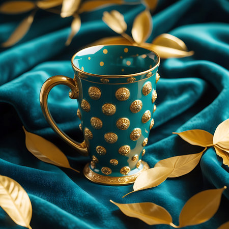 A detailed teal ceramic mug with gold studs and a gold handle is placed on draped teal fabric, with gold leaves scattered nearby.の素材