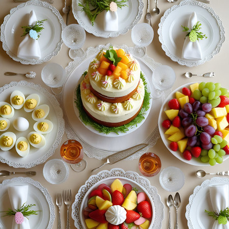 An elegant Easter table setting features a two-tier cake, deviled eggs, a fruit platter, and drinks, all arranged on a lace-edged tablecloth with decorative napkins.の素材