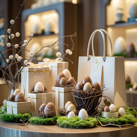 An Easter arrangement featuring a gift bag, chocolate eggs in nests, decorative gift boxes, and moss, set against a blurred background.の素材