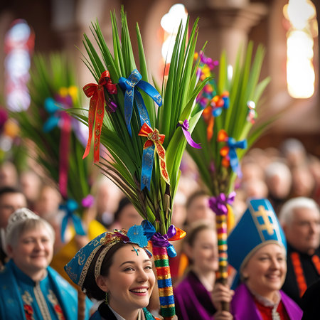 People in a church hold decorated palm branches with colorful ribbons as part of a religious procession, with stained glass windows visible.の素材