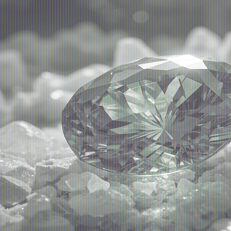 A large, faceted diamond gemstone rests on a bed of crushed ice crystals, with light reflecting and refracting through its many facets.の素材