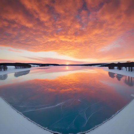 A vibrant sunset with orange and pink clouds reflected on a frozen lake, surrounded by a snow-covered landscape and silhouetted trees.の素材