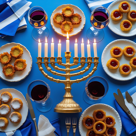 A golden menorah with lit candles is set on a blue table with latkes, sufganiyot, red wine, and festive napkins.の素材