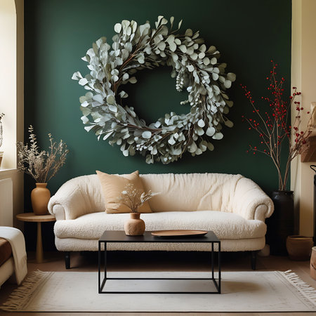 A stylish living room with a cream sofa, eucalyptus wreath, and dried floral arrangements on a coffee table and side table.の素材